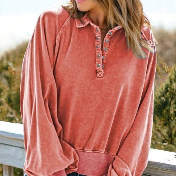. Tops - Red Casual Womens Half Button Raglan Sleeve Sweatshirt